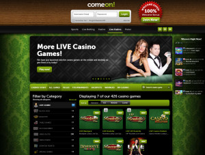 comeon live Casino Home page