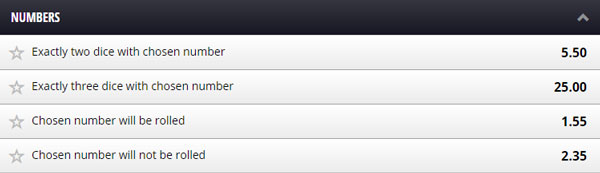 betgames dice numbers bets