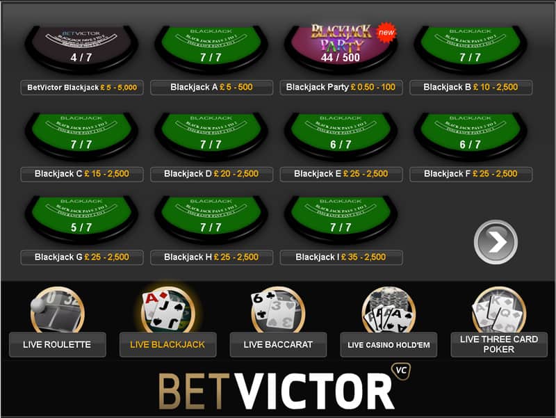 betvictor Blackjack Lobby