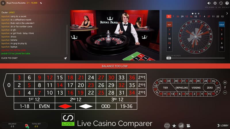 Royal Panda dedicated live casino roulette classic view