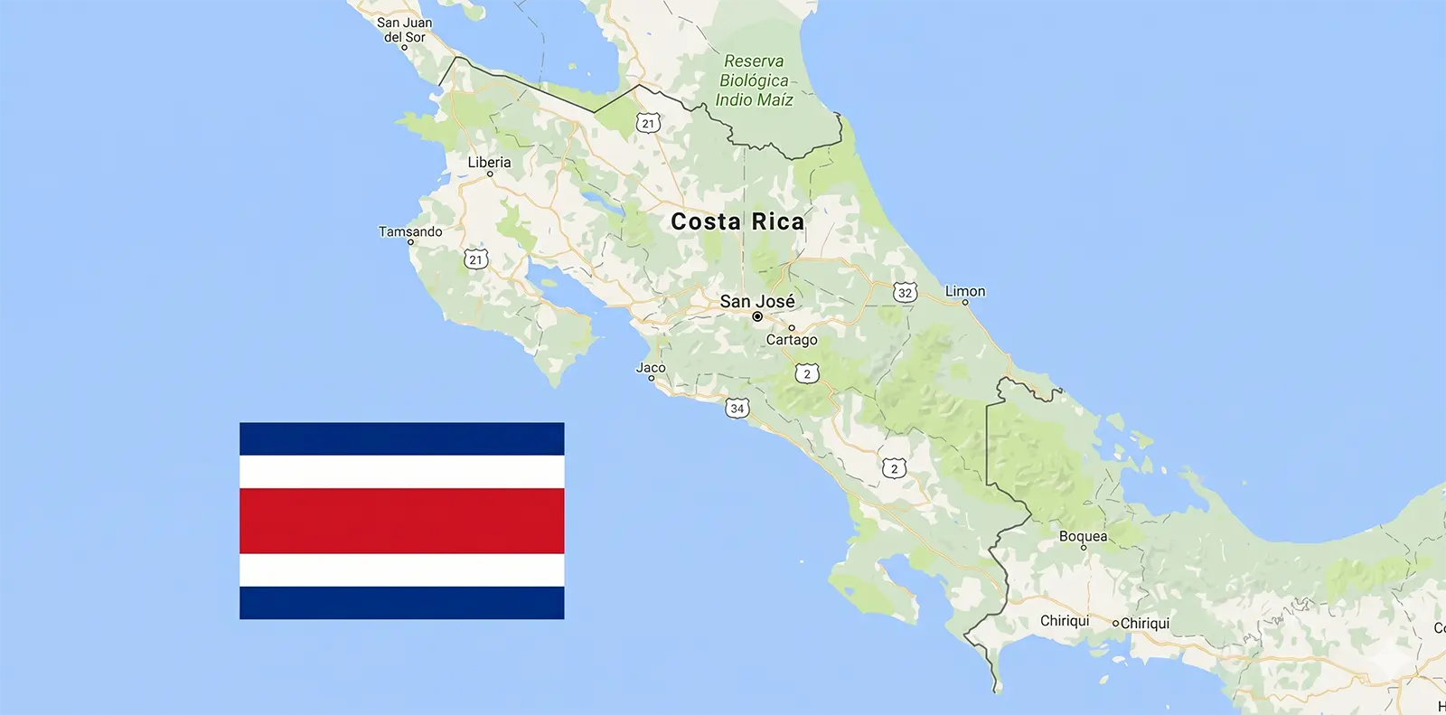 Costa Rica's borders on the map