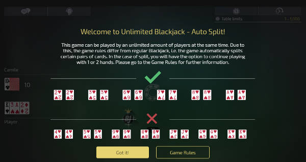 unlimited Blackjack with Auto splits rules