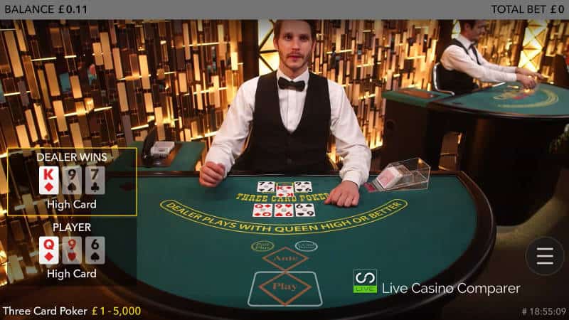 Evolution Live three card poker on mobile landscape