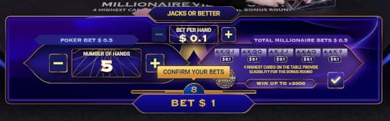 Millionaire Video Poker setting your bet up