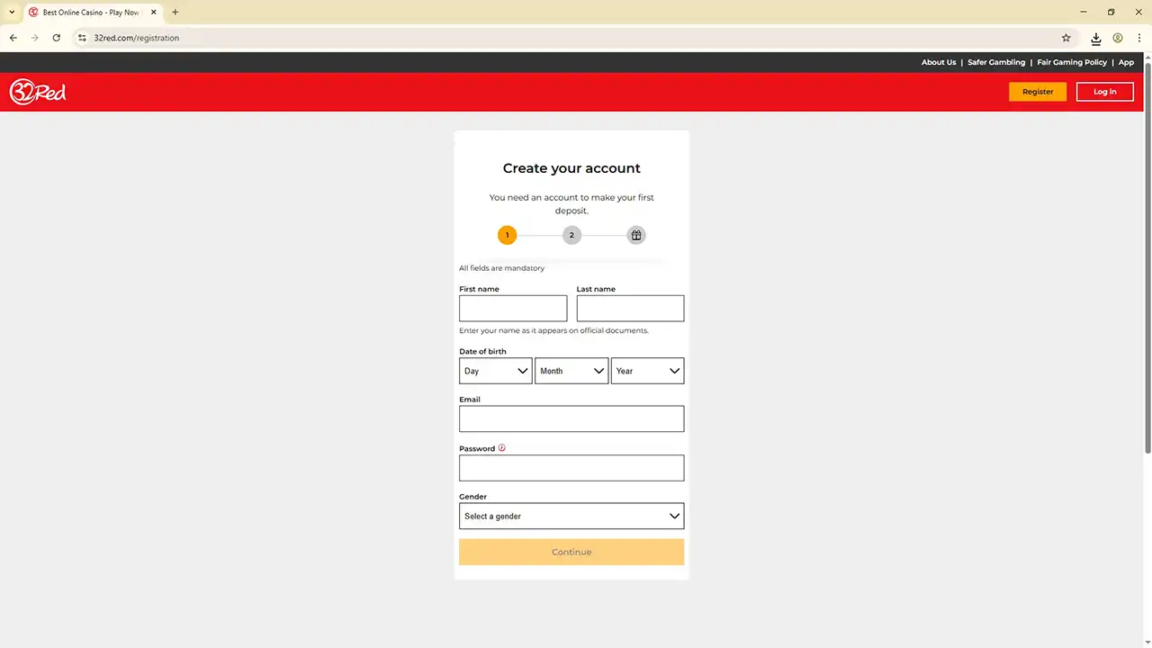 32Red Casino Registration Page