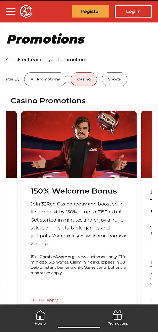 32Red Casino Mobile Bonus Page