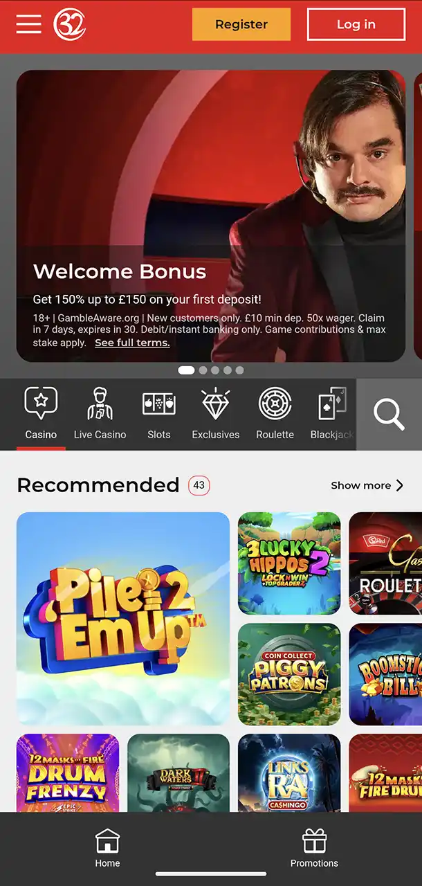 32Red Casino Mobile Home Page