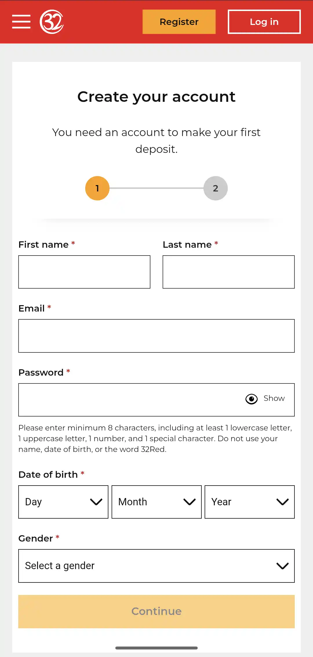 32Red Casino Mobile Registration Page
