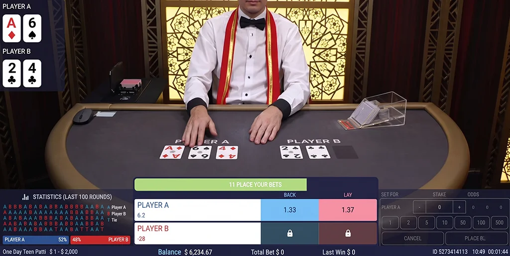Strategic betting options available once four cards are visible on the layout