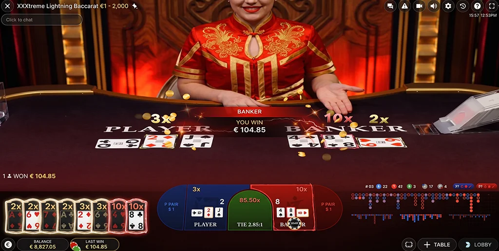 Final outcome and winning hand display in a Baccarat session.