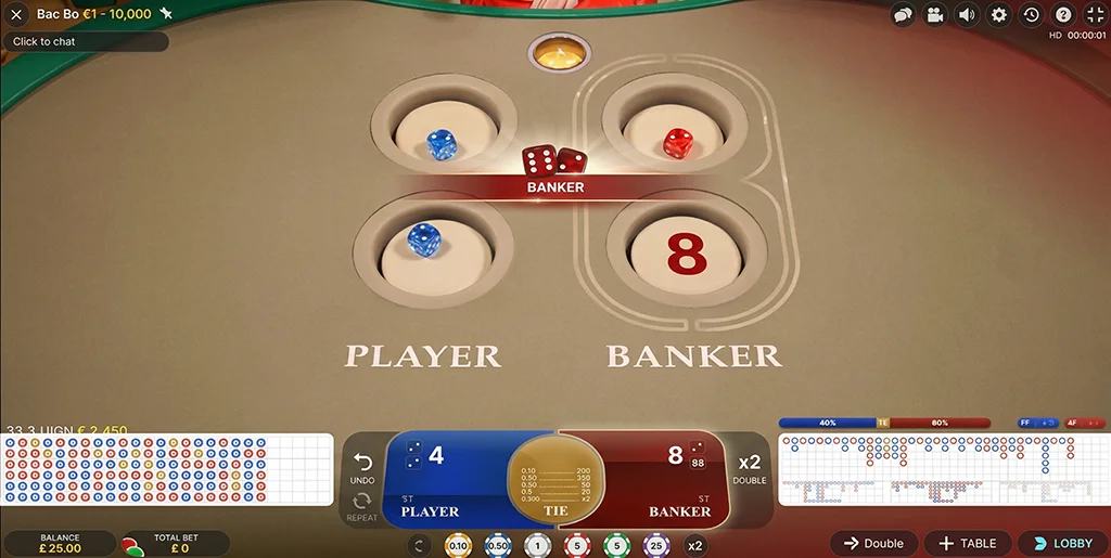 Interface for placing bets in Bac Bo live game