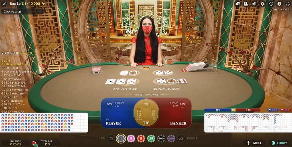 Interface for placing bets in Bac Bo live game