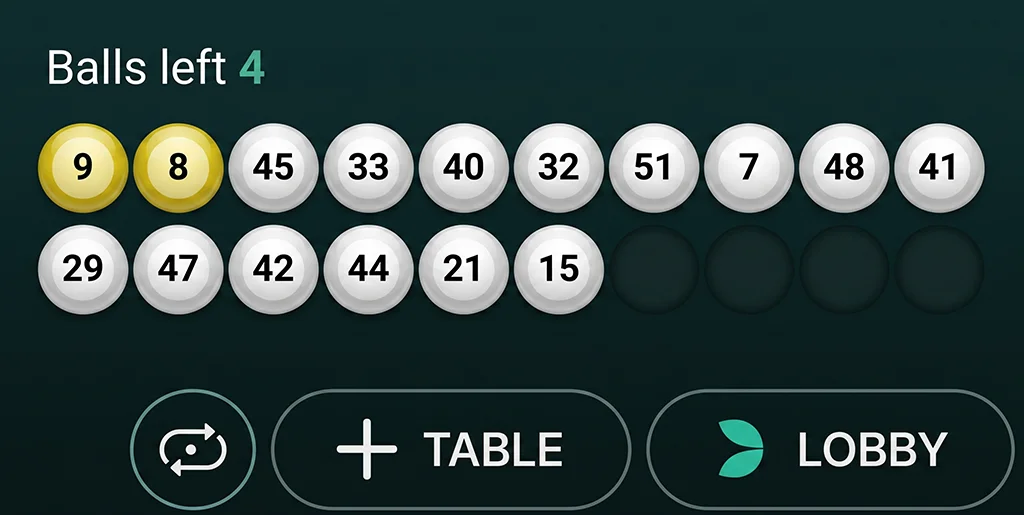 Statistics panel showing the sequence of numbers from previous rounds