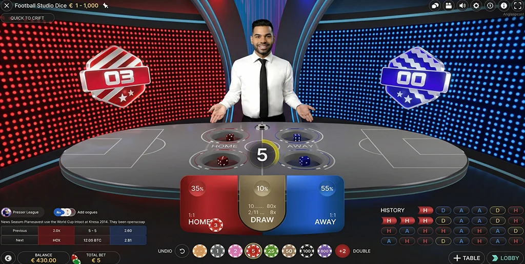 Betting interface for Home and Away sides in Football Studio Dice
