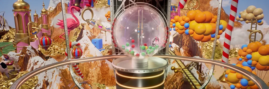 Live lottery machine with bouncing balls during gameplay
