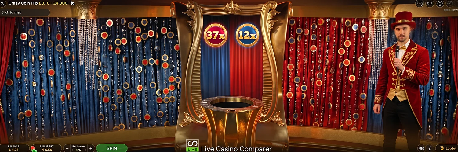 Main live studio interface of Crazy Coin Flip with host