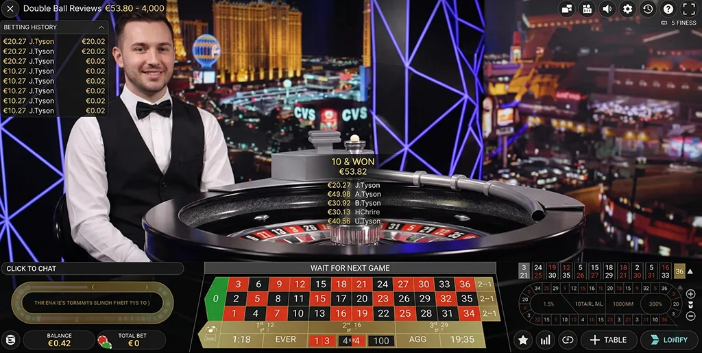 Live dealer interface for Evolution's Double Ball Roulette