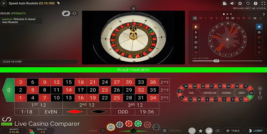 Split-screen layout combining live wheel action with a digital betting board