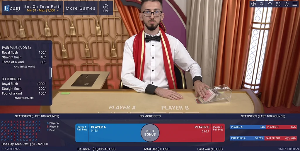 Ezugi dealer hosting a classic Teen Patti table session