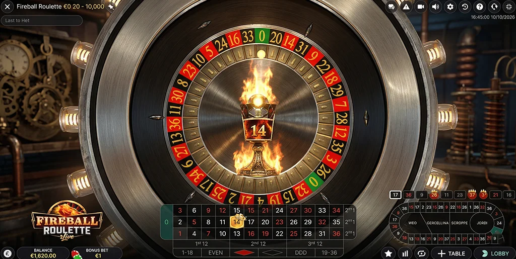 Live dealer spinning the wheel and Fireball Roulette result display