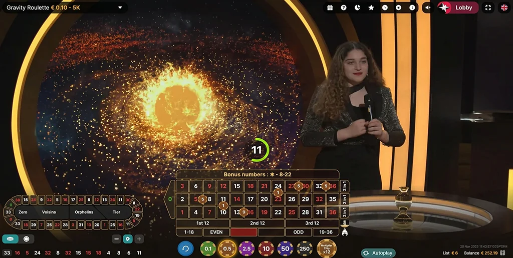 Wagering interface and betting grid in Gravity Roulette live