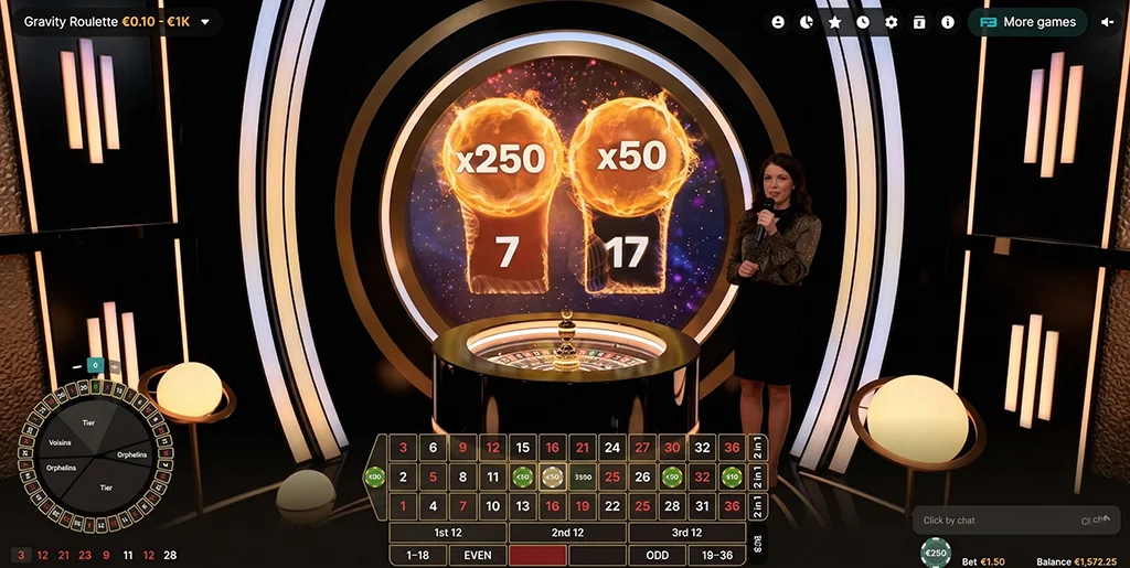 Gravity Roulette live dealer table featuring cosmic multipliers