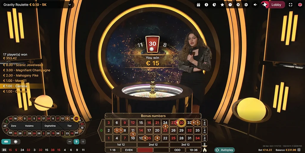Winning number announcement and payout display in Gravity Roulette
