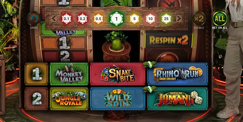 User interface for setting bets in Jumanji Live