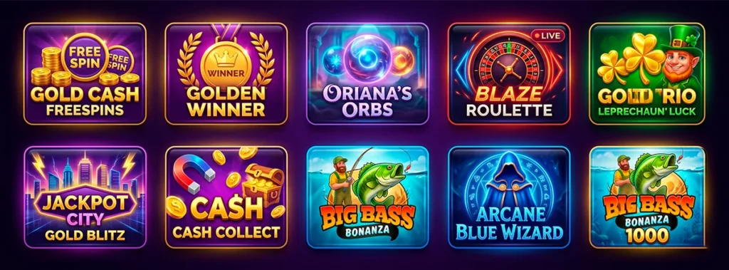 Diverse selection of online slots and table games in the casino lobby.