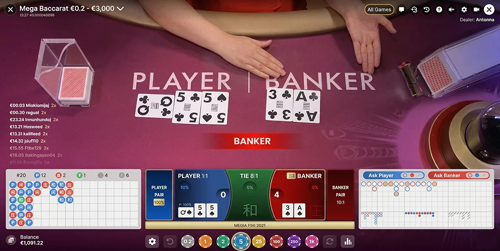 Dealing of Player and Banker hands in Mega Baccarat live