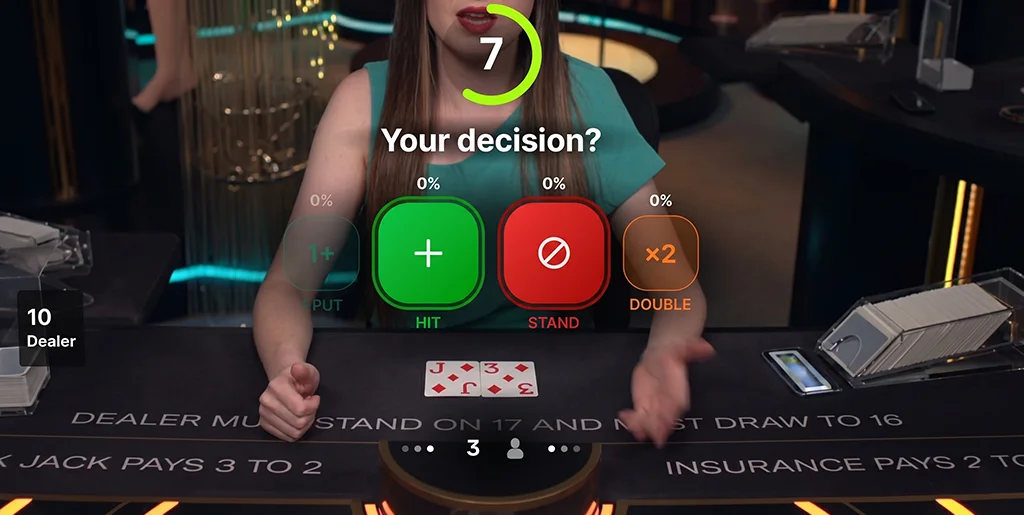 User interface showing player options like Hit, Stand, and Double Down