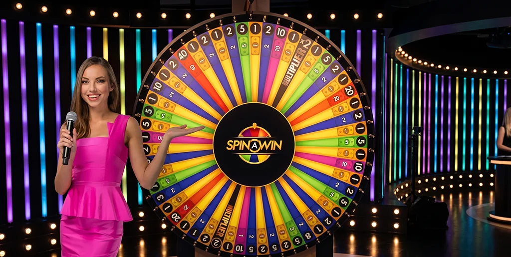 Professional host standing by the vibrant Playtech money wheel in a live studio