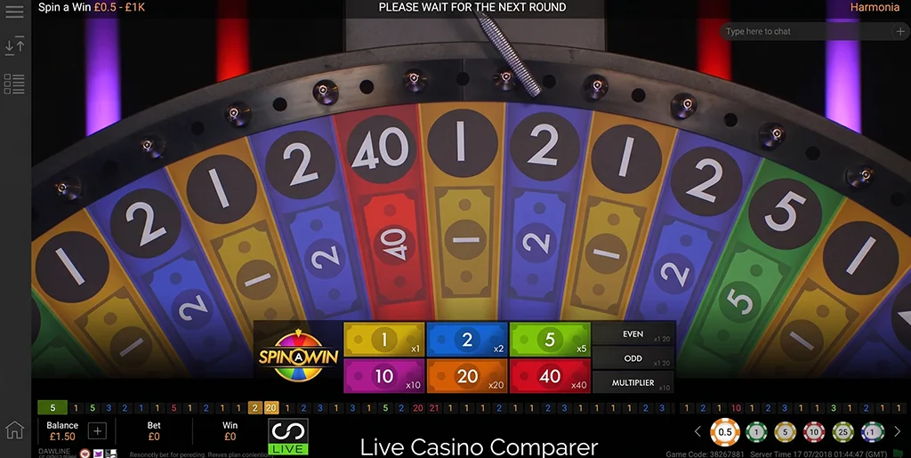 Close-up of the 2x and 7x multiplier segments on the spinning prize wheel
