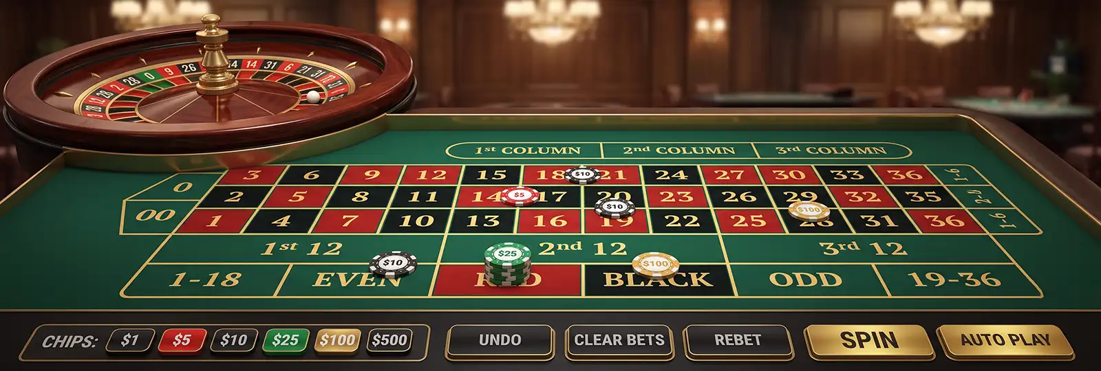Roulette game screen layout with chips