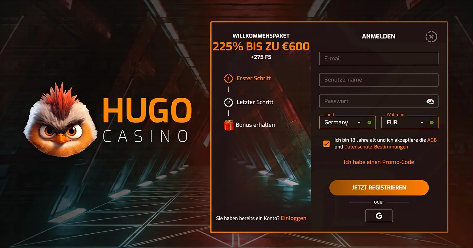 Registrierung bei Hugo Casino