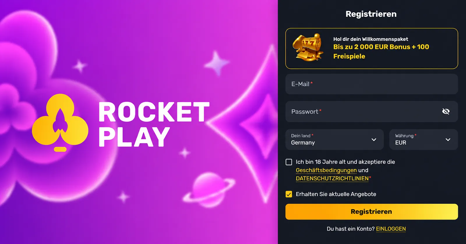 Registrierung bei RocketPlay Casino