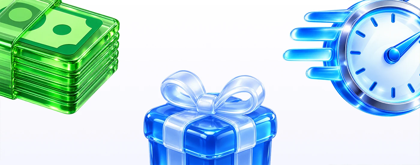 Icons of cash, gift, and clock